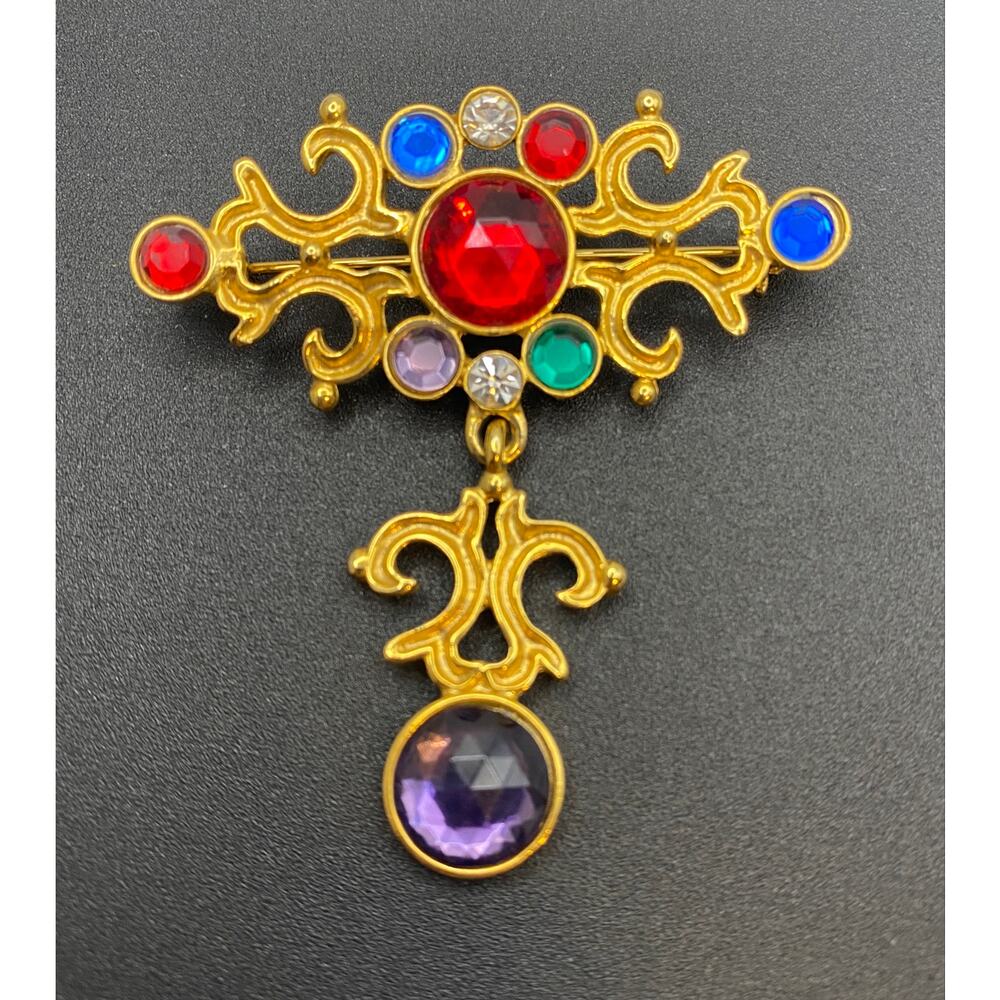 Vintage AJC Gold Tone Jeweled Drop Brooch — Renaissance Revival Style - Picture 2 of 8